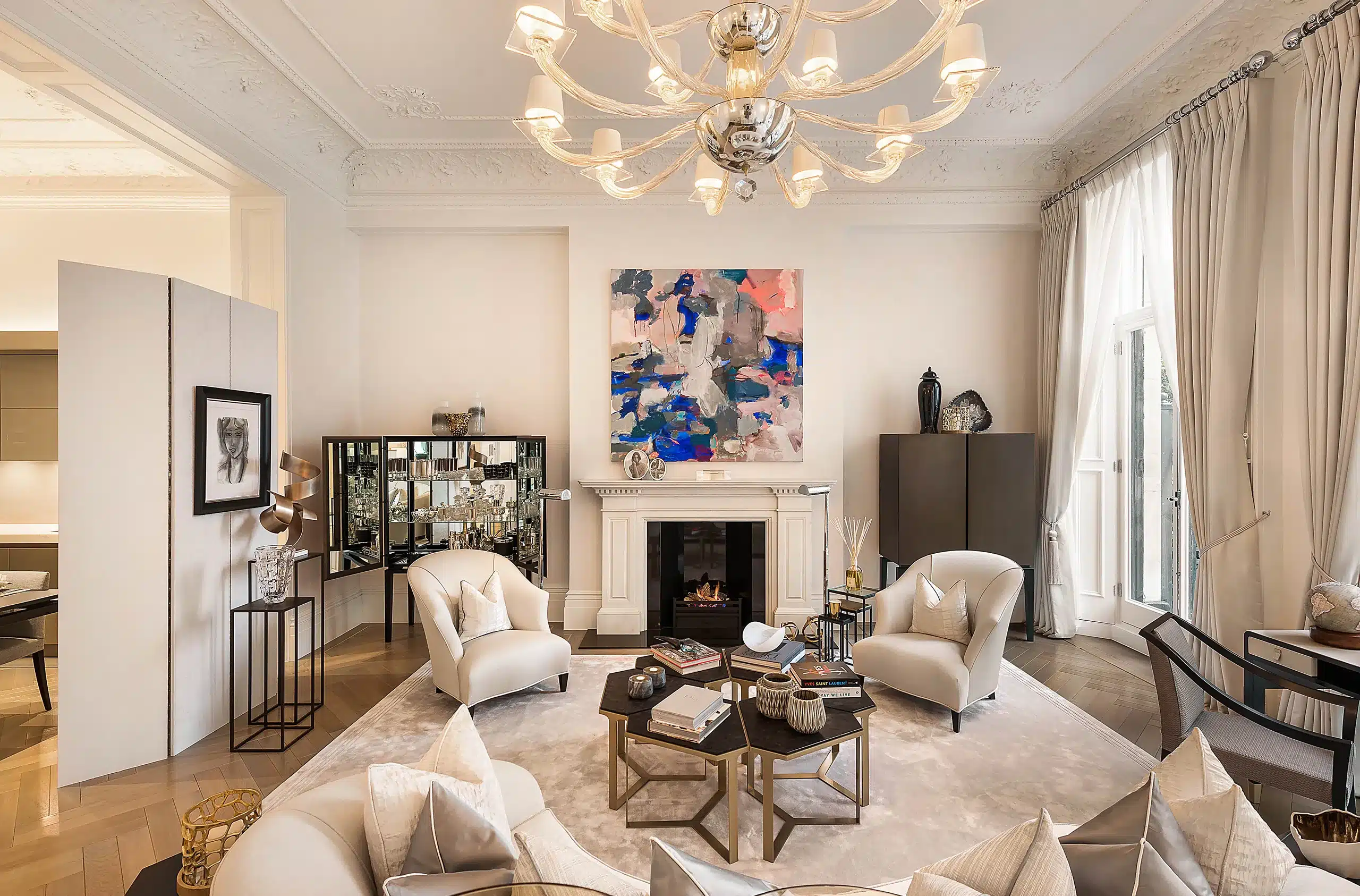 Luxury London interior design studio project showcase featuring elegant contemporary living room design
