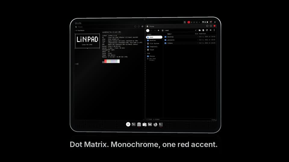 LinPad OS development desktop showing a Linux terminal and file manager in the Dot Matrix style