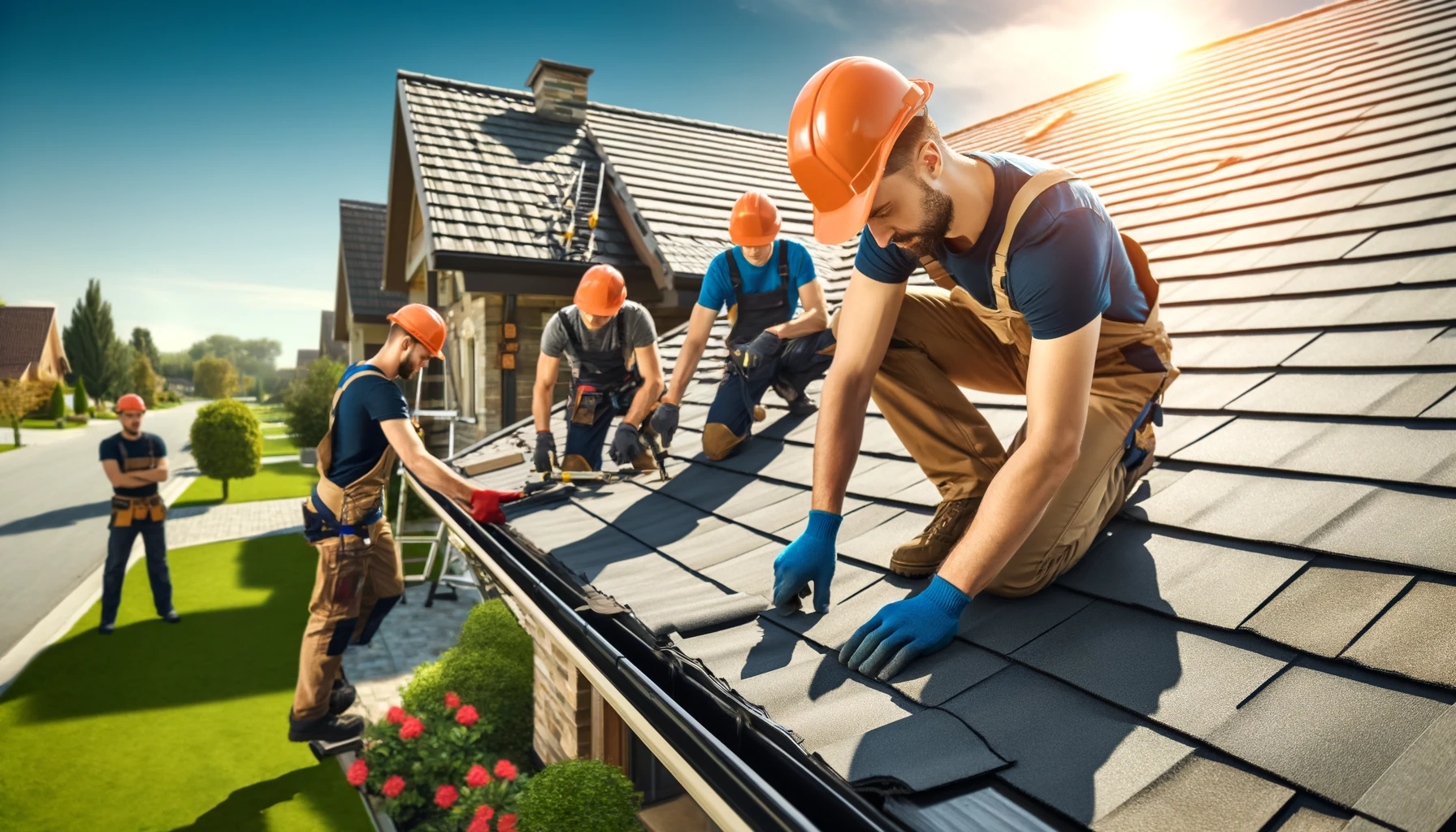 London roofer working on a pitched tile roof with city skyline visible, professional residential roofing repair