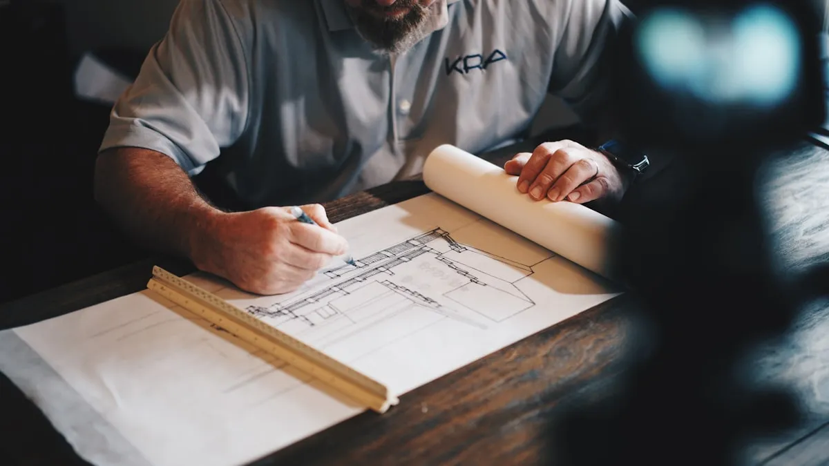 Architect reviewing detailed building plans and blueprints spread across a professional London studio desk