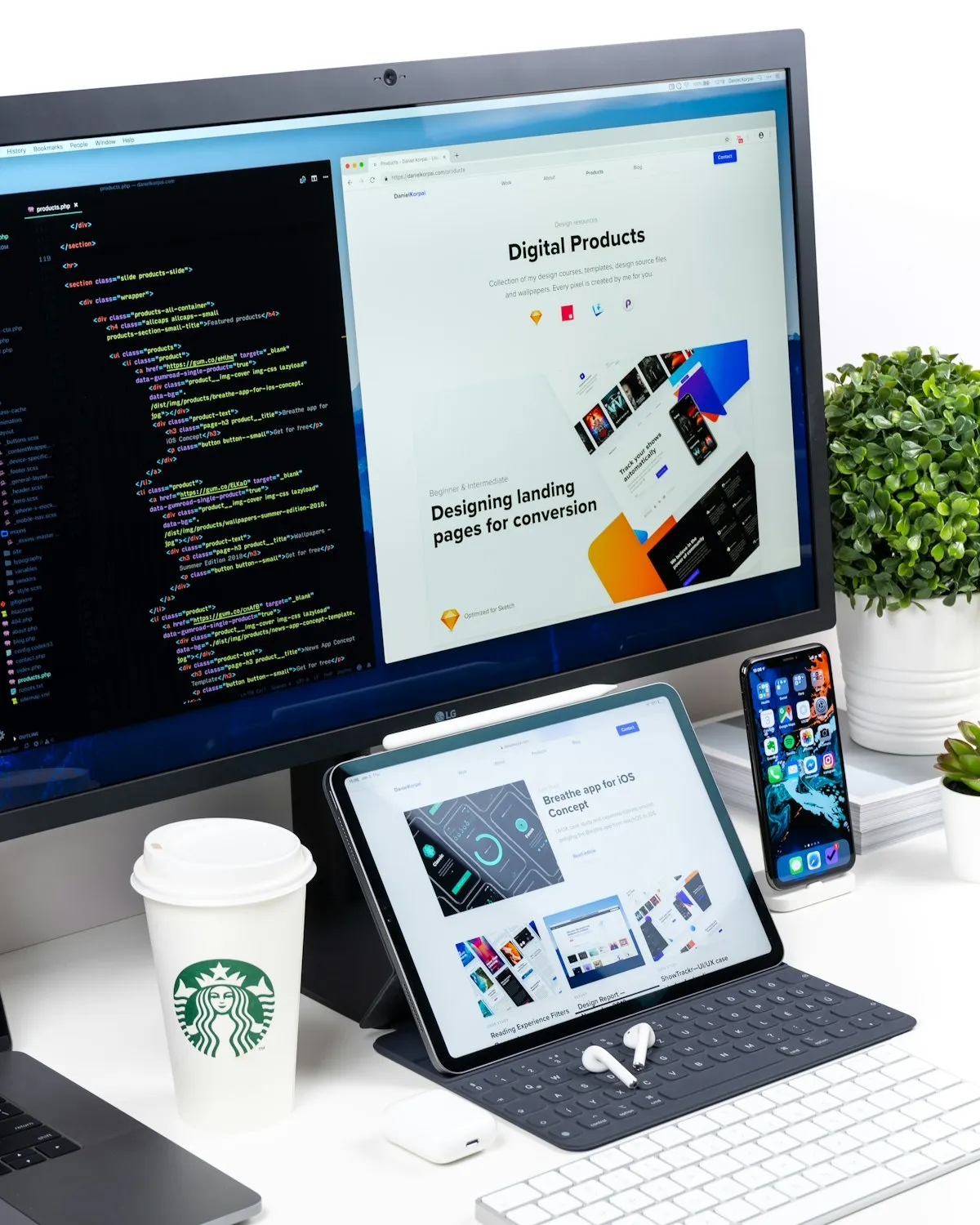 Professional web designer reviewing WordPress website on laptop screen in London studio
